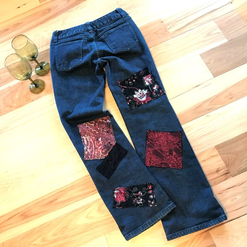 Upcycled Patchwork Jeans Sparkle and Lace Patches, Boho Hippie Jeans, Size 6 - Picture 3 of 10
